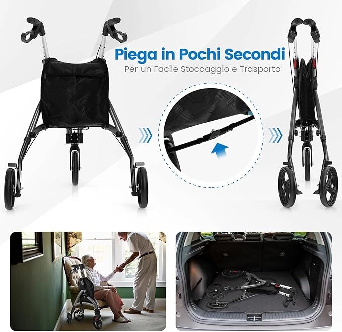 Deambulatore per Anziani in Alluminio Ultraleggero a 3 Ruote, Rollator per Anziani Pieghevole e Regolabile in 6 Livelli 86-96 cm con Borsa e Ruote Bloccabili, Portata 136 kg (Grigio)