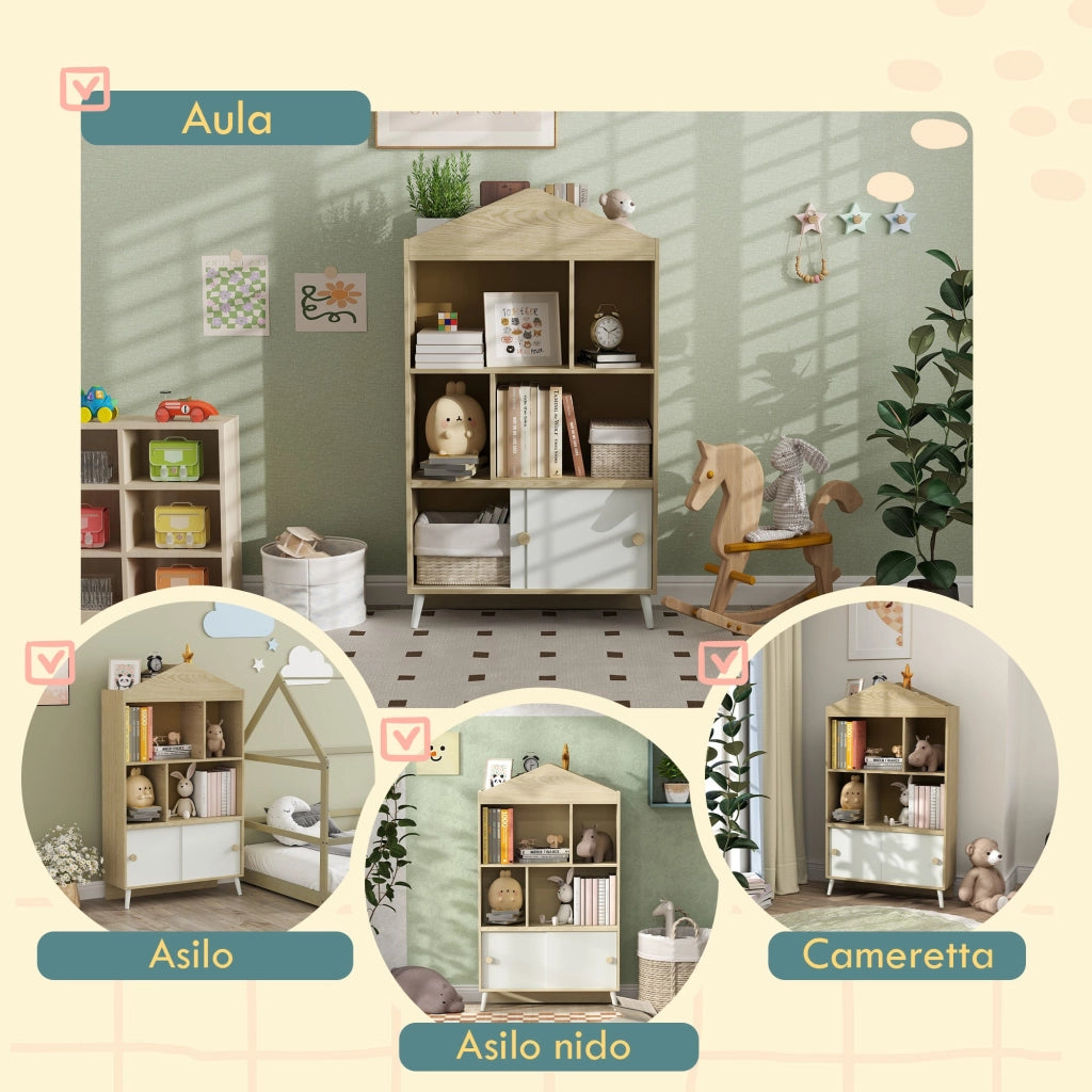 Libreria per Bambini con Ripiani Aperti e Armadietto 80x30x140,5 cm Bianco e color Legno