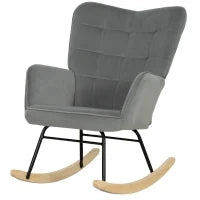 Poltrona a Dondolo Vintage, Pattini Curvi, Imbottitura Spessa, Legno di Faggio e Acciaio, Grigio Scuro