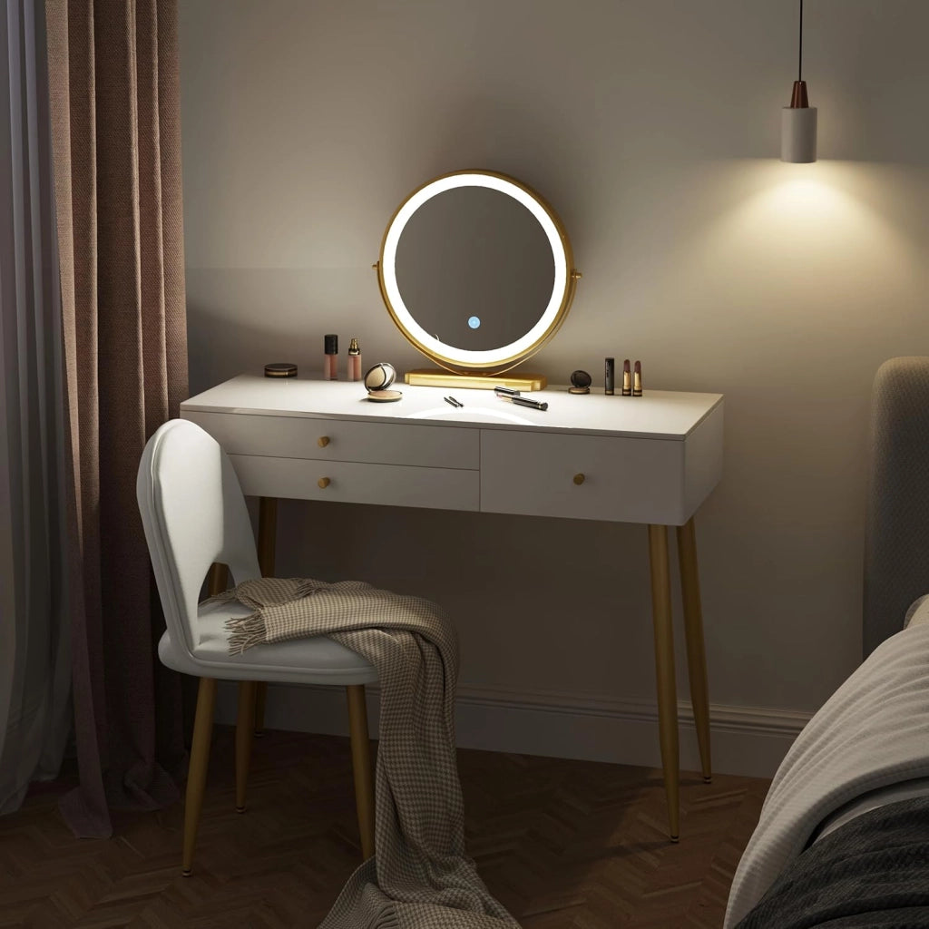 Set Toeletta con Specchio LED 3 Temperature, Sgabello in Velluto, 3 Cassetti in Legno Massello, 100×40×122 cm, Tavolo Trucco Moderno Bianco Champagne
