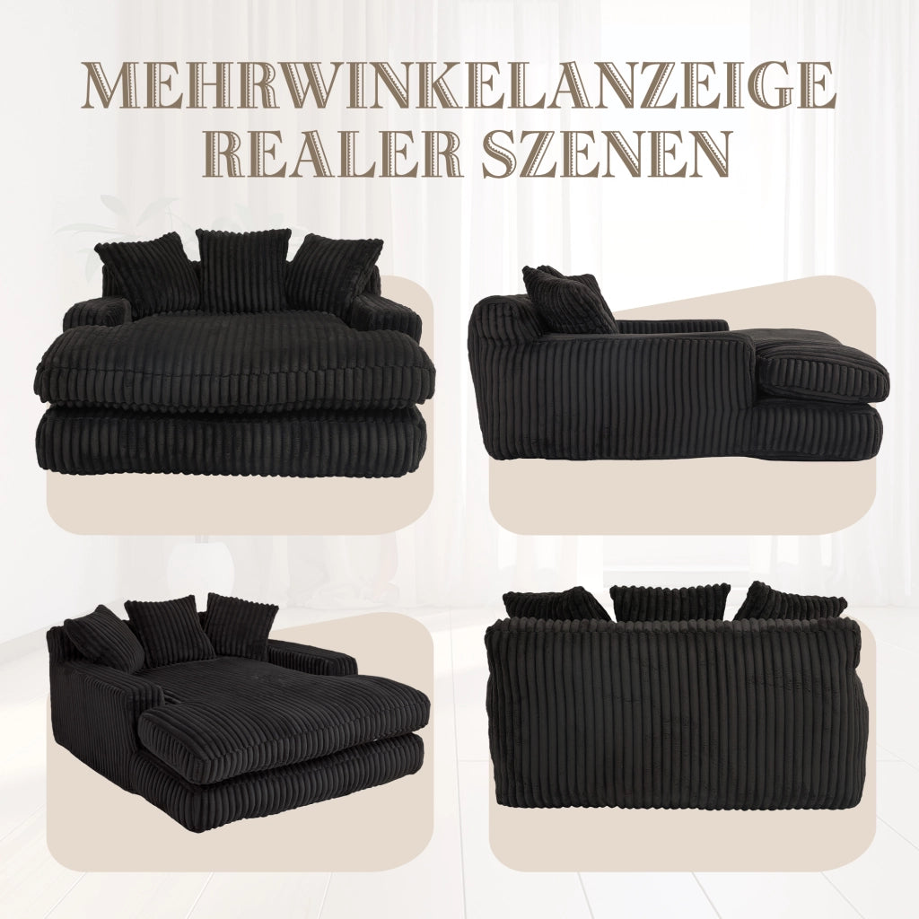 OKWISH Chaise Longue con 3 Cuscini, Design Ergonomico senza Montaggio, Seduta da Pavimento in Velluto a Coste, Nero, 125 × 155 × 63 cm