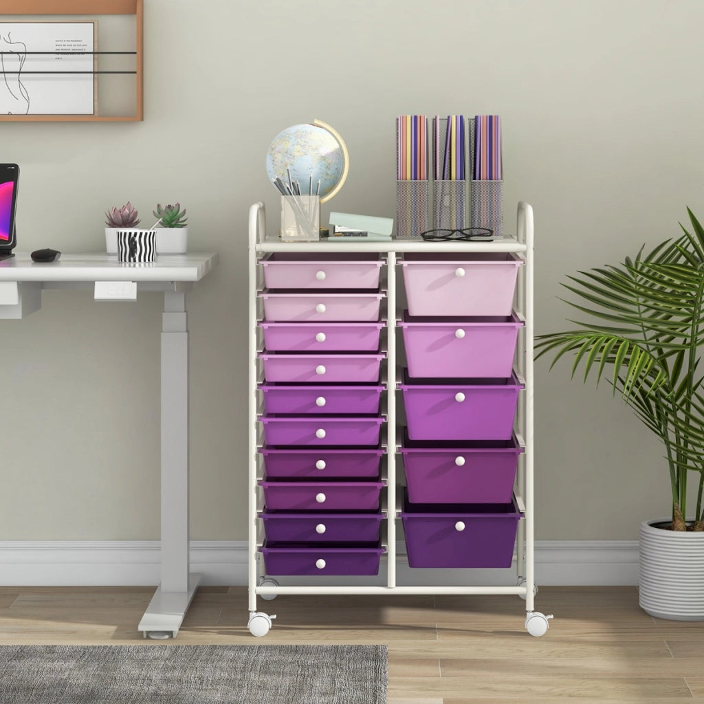 Carrello a rotelle con 15 cassetti impilabili ,Carrello ausiliario con 15 cassetti 62,5 x 37 x 87 cm Viola