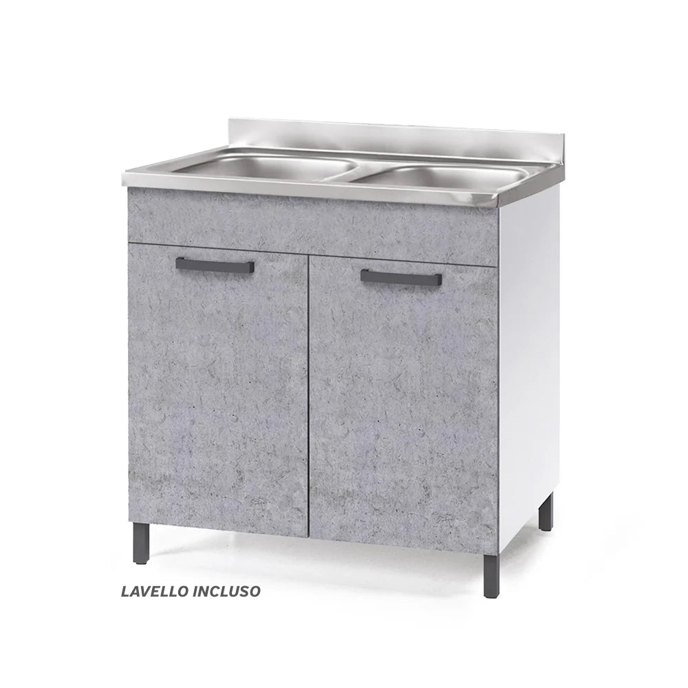 Sottolavello per cucina componibile da 80 cm con due ante, Lavello con 2 Vasche, realizzato in legno 100% MADE IN ITALY colore Cemento