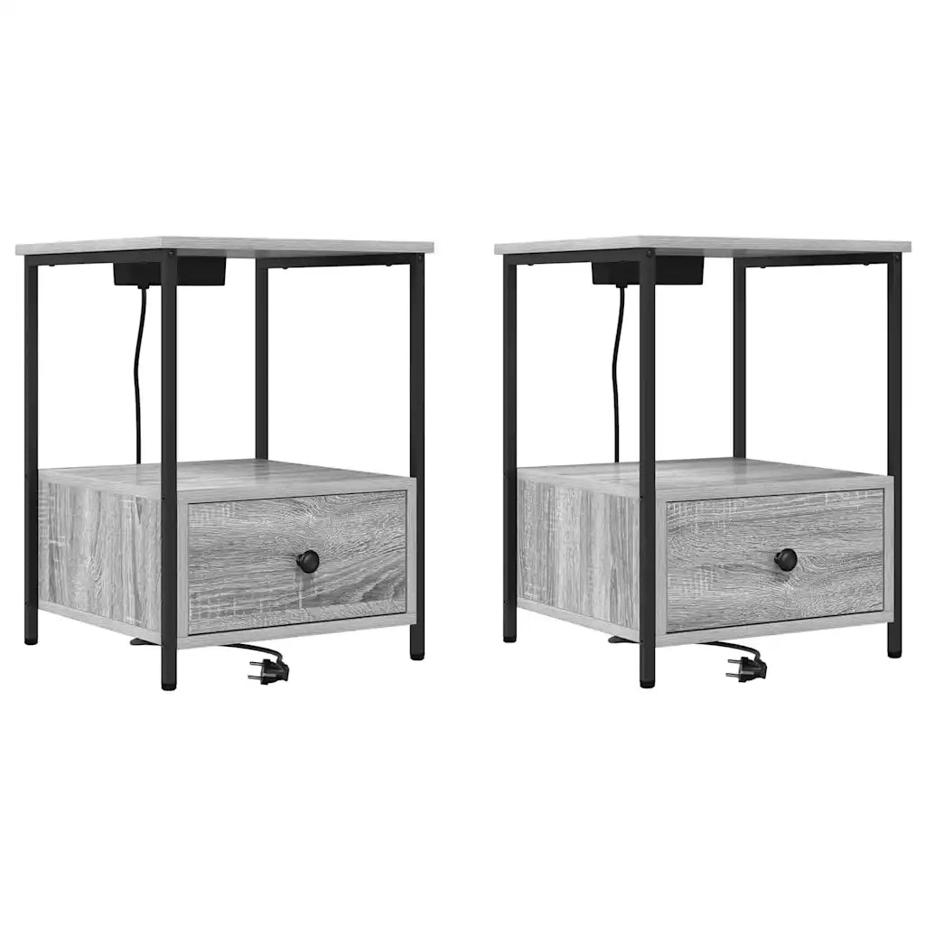 vidaXL Comò con stazione di ricarica con cassetto 2 pcs Grigio sonoma