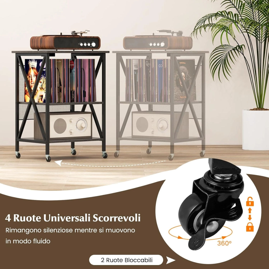 Supporto per Giradischi, Supporto per Giradischi in Vinile con Presa di Corrente e Porta USB, Ruote Bloccabili, 3 Livelli, per Soggiorno, Camera da Letto, 52 x 45 x 75 cm (Grigio)