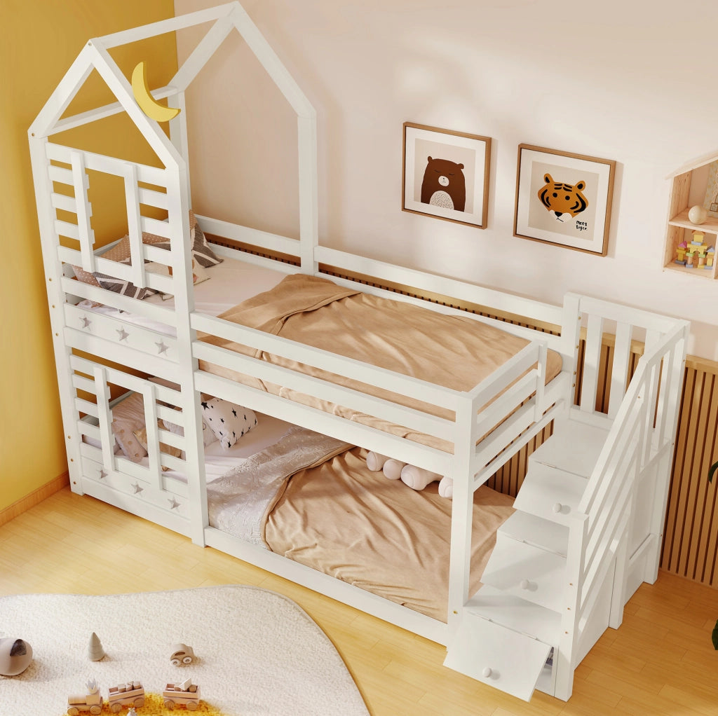 Letto a castello a casetta con scala contenitore e cassetti; 90x200 cm in legno bianco