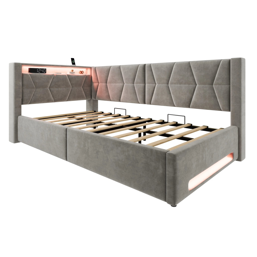 LETTO Contenitore 90x200 cm in velluto grigio scuro con LED, USB e Type-C