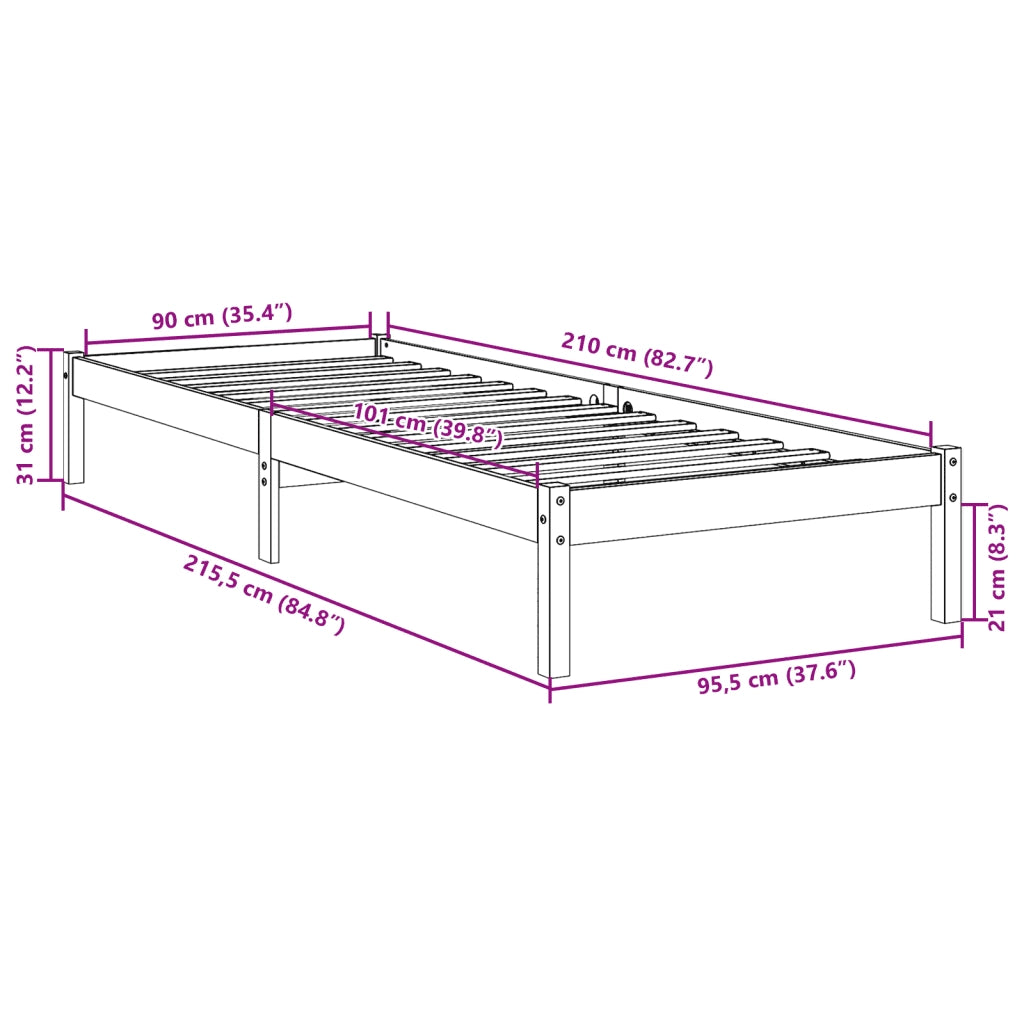 Letto Extra Lungo senza Materasso 90x210 cm in Legno di Pino