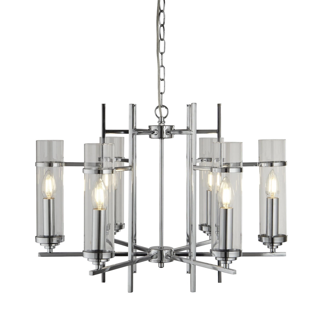 Lampadario Contemporaneo Milo Acciaio Cromo Vetro 6 Luci E14