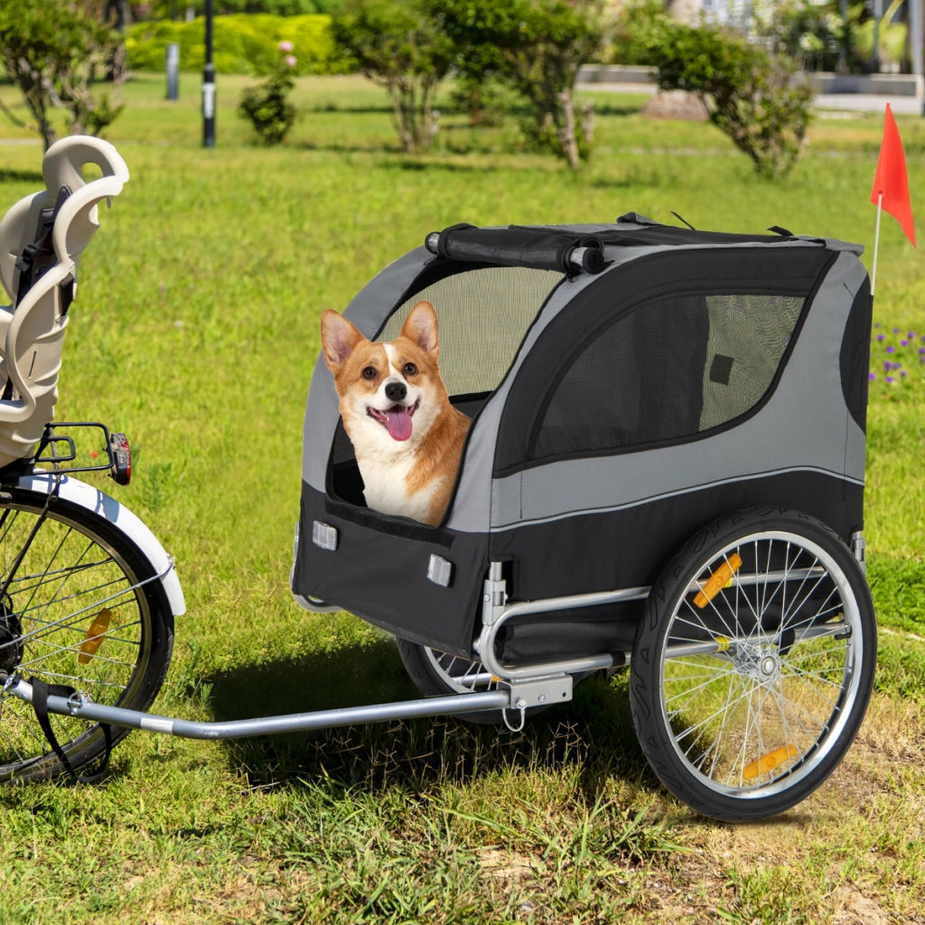Rimorchio bici per animali domestici con ruote 50cm tettuccio apribile, Rimorchio per bicicletta per cani Grigio-Giochi e accessori per cani