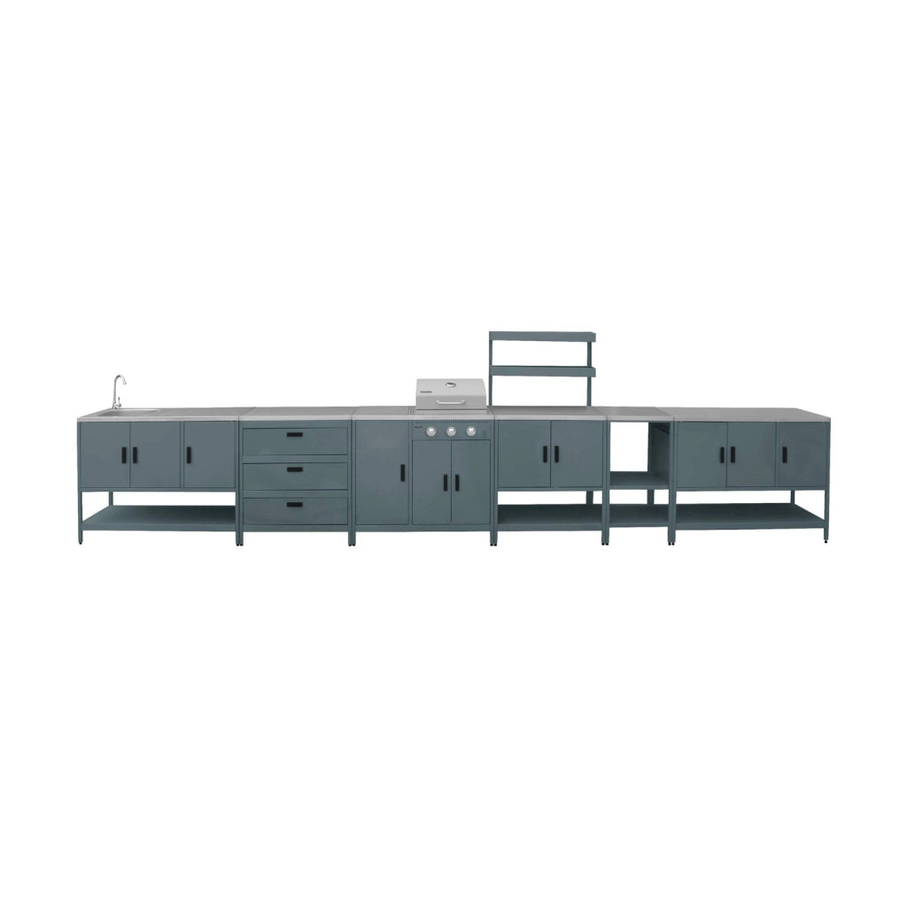 Cucina esterna 5 moduli con barbecue a gas 3 bruciatori, blu grigio