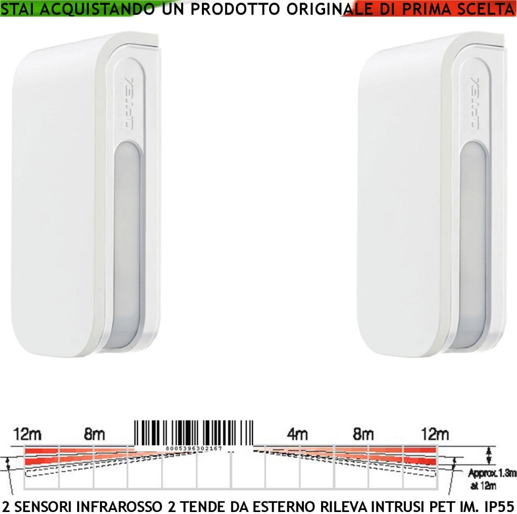 Infrarosso Doppia Tenda da Esterno 4 PIR Due Sensori di Movimento Portata 12+12 MT Lineari Regolabile Via Filo Relè Allarme Protezione in linea Finestre Porticati Alimentazione 12 V Assorbimento 34 mA