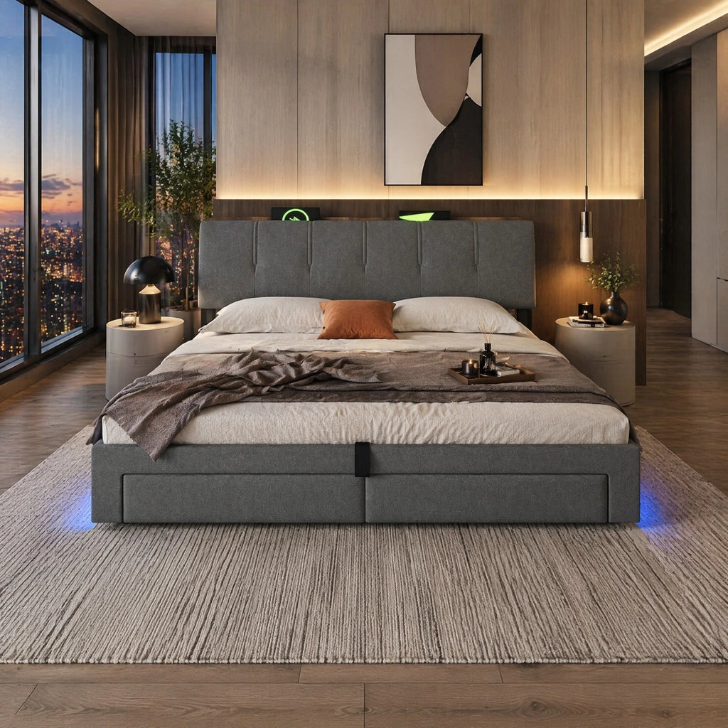 Letto imbottito 180x200 cm con contenitore; LED e porte USB in lino grigio