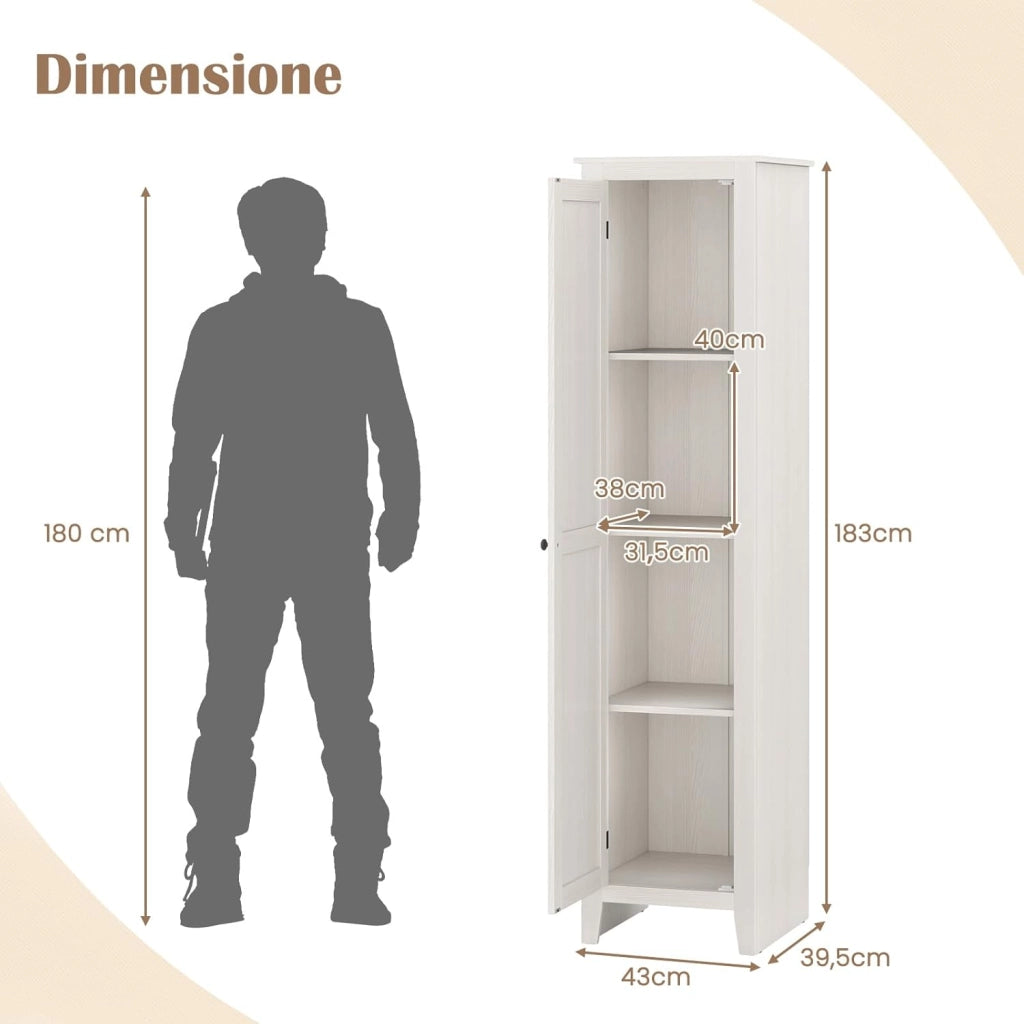 Mobile Bagno 43 x 39,5 x 183 cm, Colonna Bagno con Ante e 4 Ripiani, Armadietto Salvaspazio Alto a Colonna in MDF, per Soggiorno, Cucina e Ufficio (Bianco)