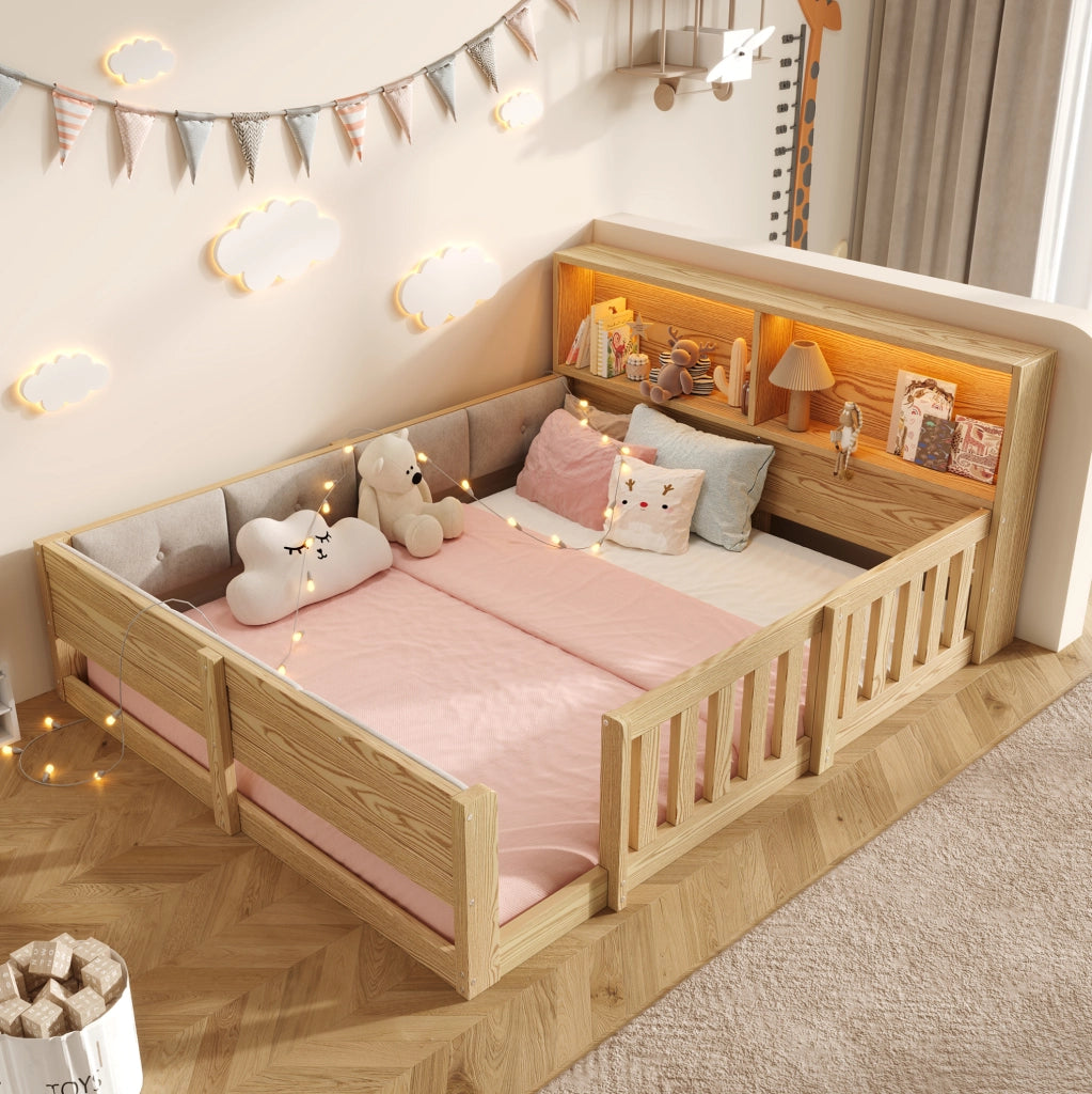 Letto per bambini 140x200 cm con sponde; testiera con contenitore e LED; naturale