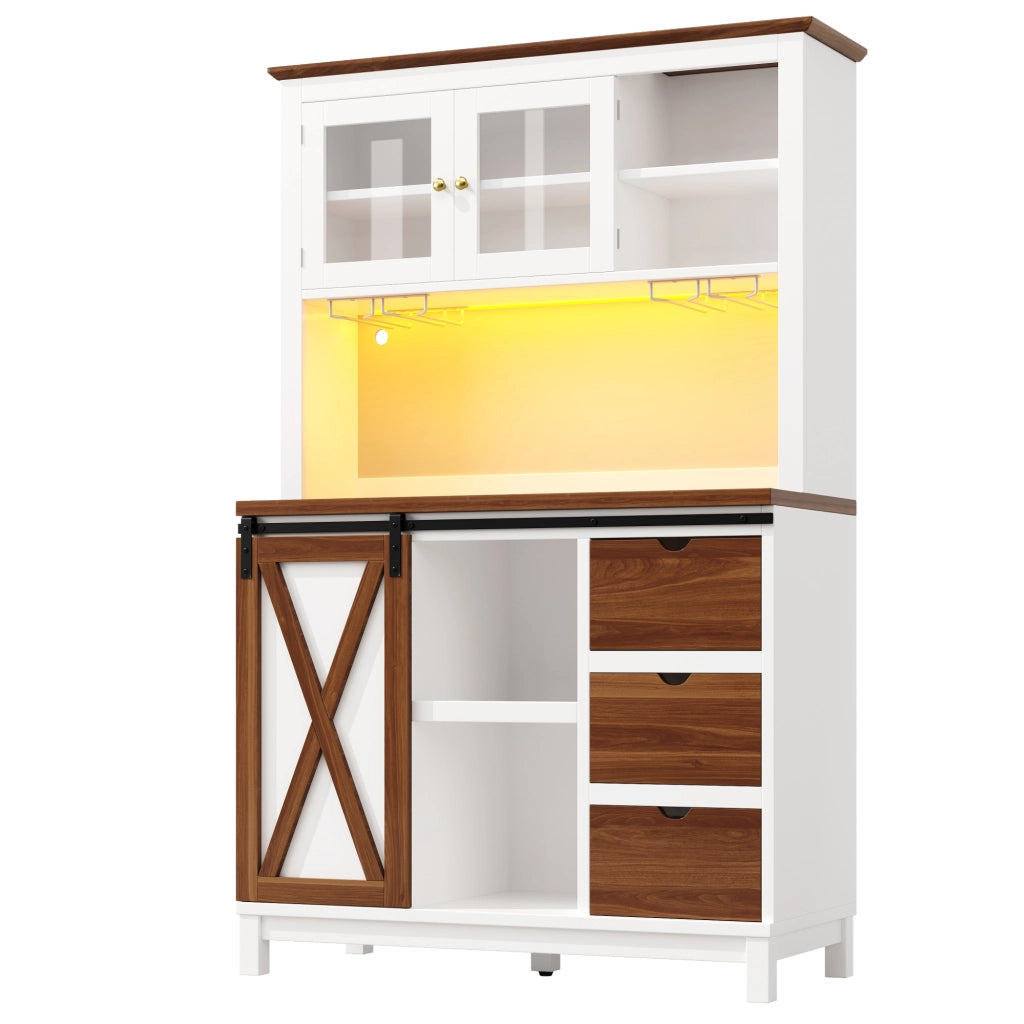 Credenza da cucina 104x40x180 cm con LED e porta scorrevole in MDF; metallo e vetro bianco