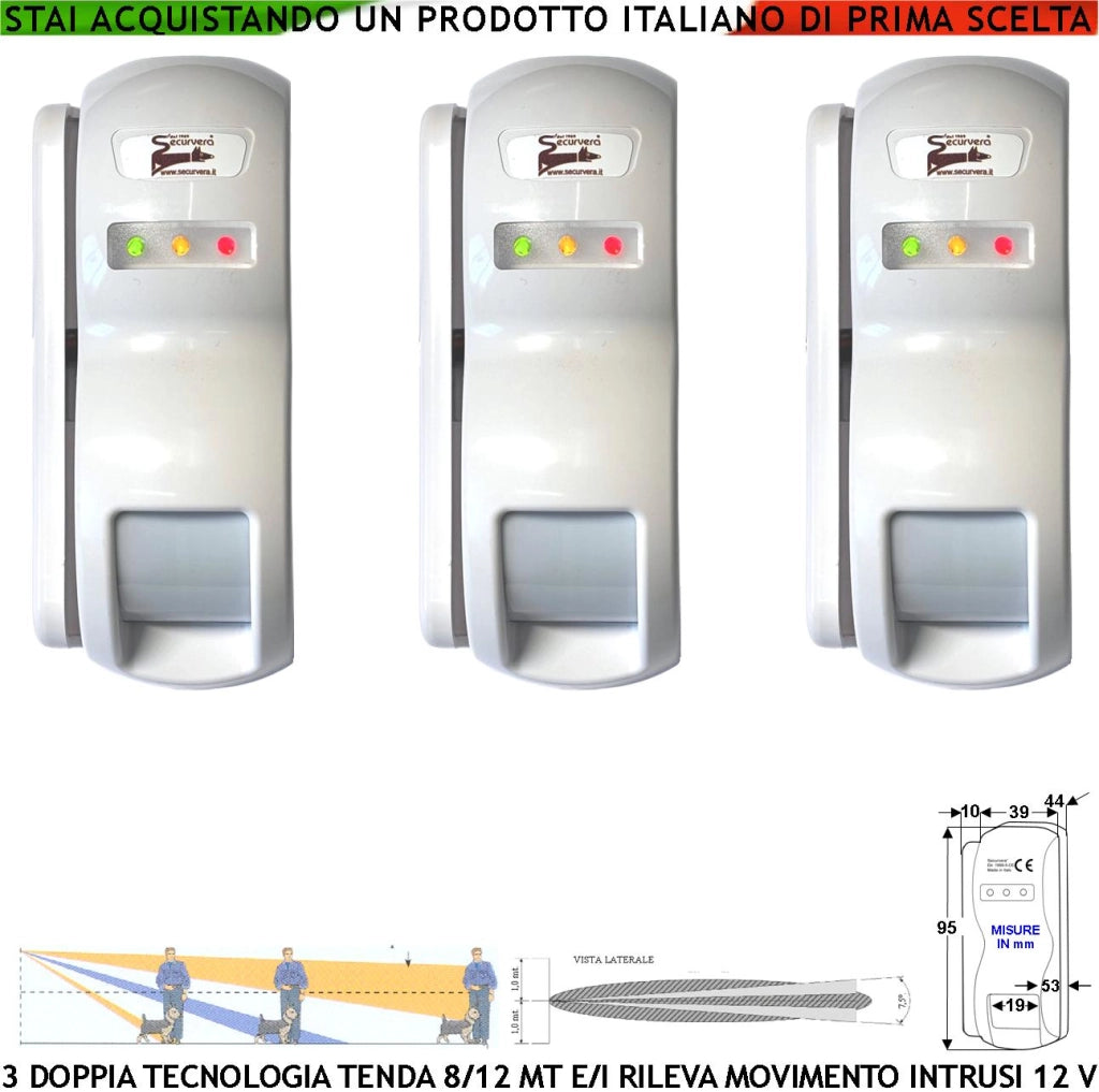 Doppia Tecnologia Tenda Dual Pir e Micronda Sensori di Movimento 3 Pezzi Portata 8/12 MT Rileva Intrusi Vano Finestra Esterno Interno Invia Allarme Aliment. 12 V 10 mA Cover Staffa ABS Bianca IP31