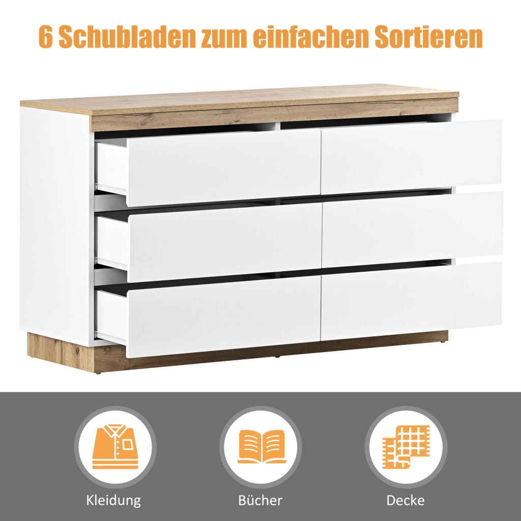 Cassettiera con 6 Cassetti e Anta; Stile Classico; in Pannello Truciolare E1; Bianco e Rovere