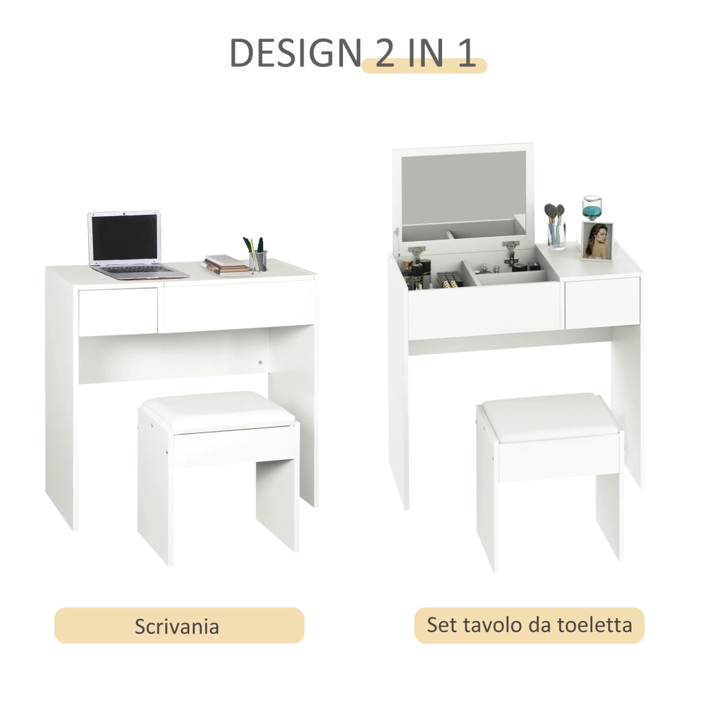 Cassettiera Trucco con Specchio Richiudibile e Sgabello ¨C zephmum ¨C MDF Bianco, 80x40x79 cm