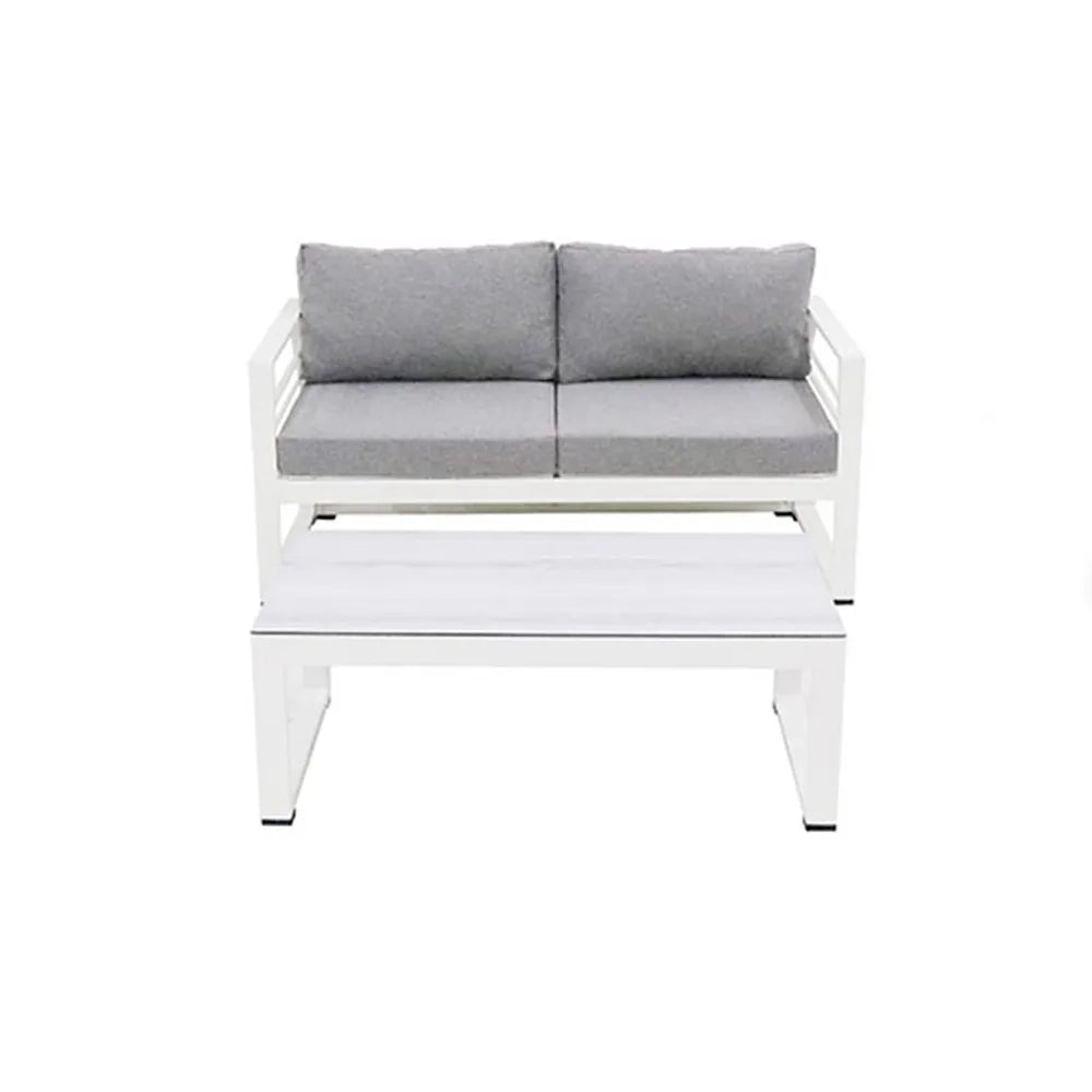 Salottino 2 posti LEROS in alluminio colore bianco tessuto grigio chiaro per spazi aperti con cuscineria sfoderabile.