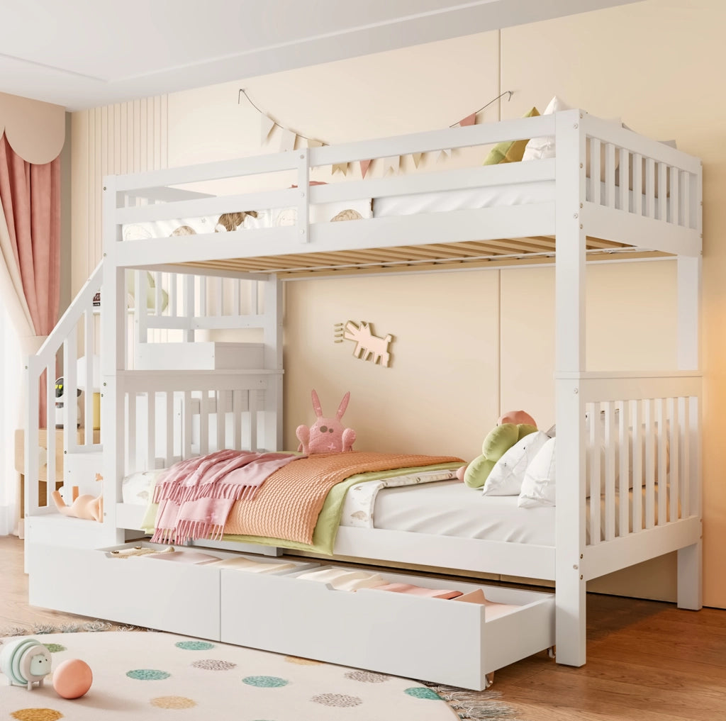 Letto a castello 90x200 cm con scala contenitore; 2 cassetti; sponde alte; bianco