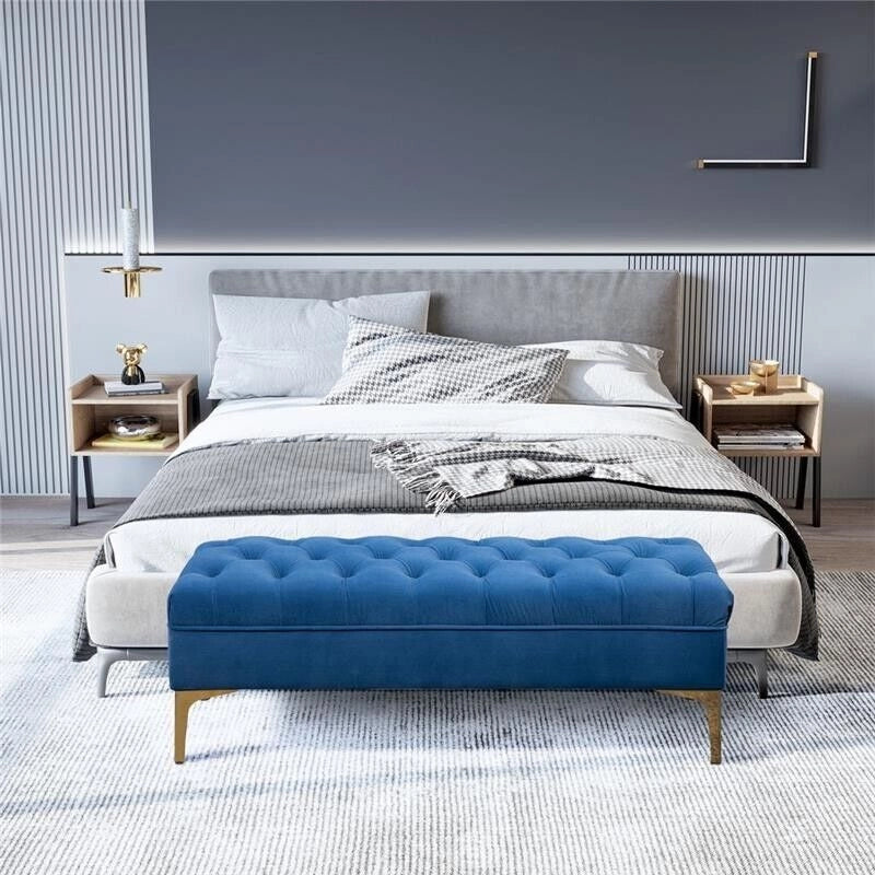 PANCA IMBOTTITA TESSUTO VELLUTATO TRAPUNTATO 118X45X42 CM BLU