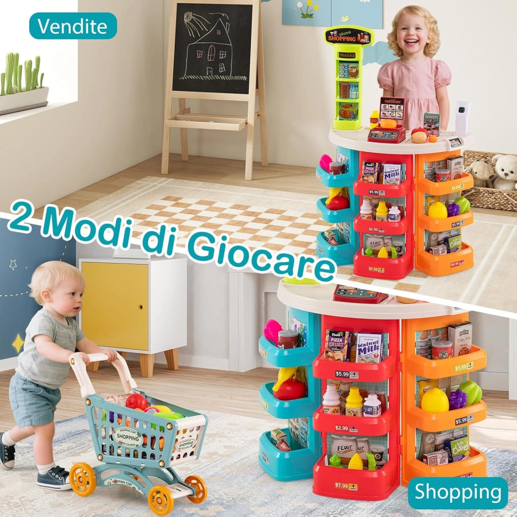 Cassa Gioco Supermercato per Bambini, Supermercato Giocattolo con Carrello della Spesa, Registratore di Cassa, Scanner, Luci e Suoni, Gioco di Ruolo con 29 Accessori (Blu)