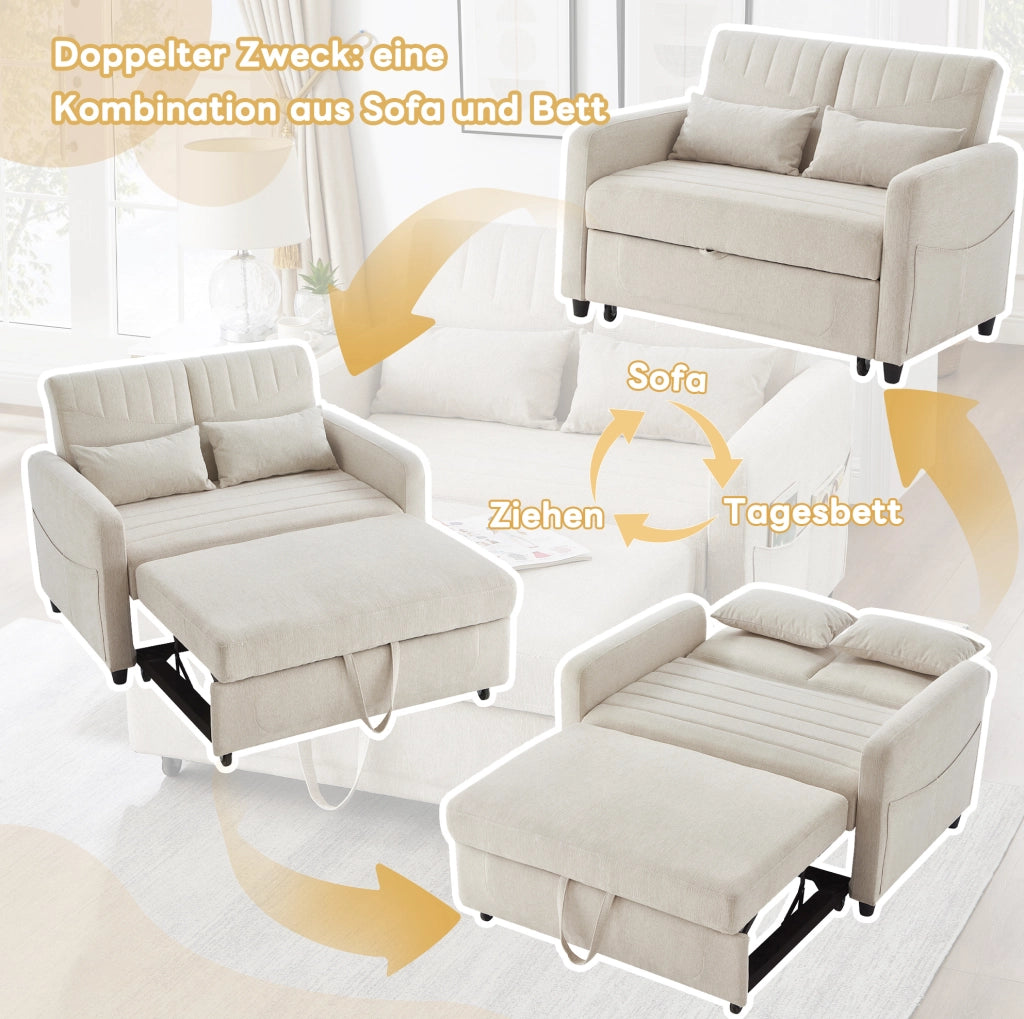 Divano letto a 2 posti estraibile con schienale 3 posizioni; tessuto effetto lino beige