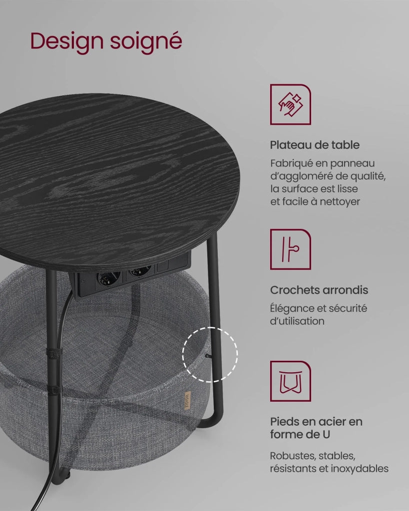 Tavolino rotondo piccolo 45 x 50 cm tavolino laterale con cestino portaoggetti in tessuto per soggiorno camera da letto comodino stile moderno nero 12_0006926