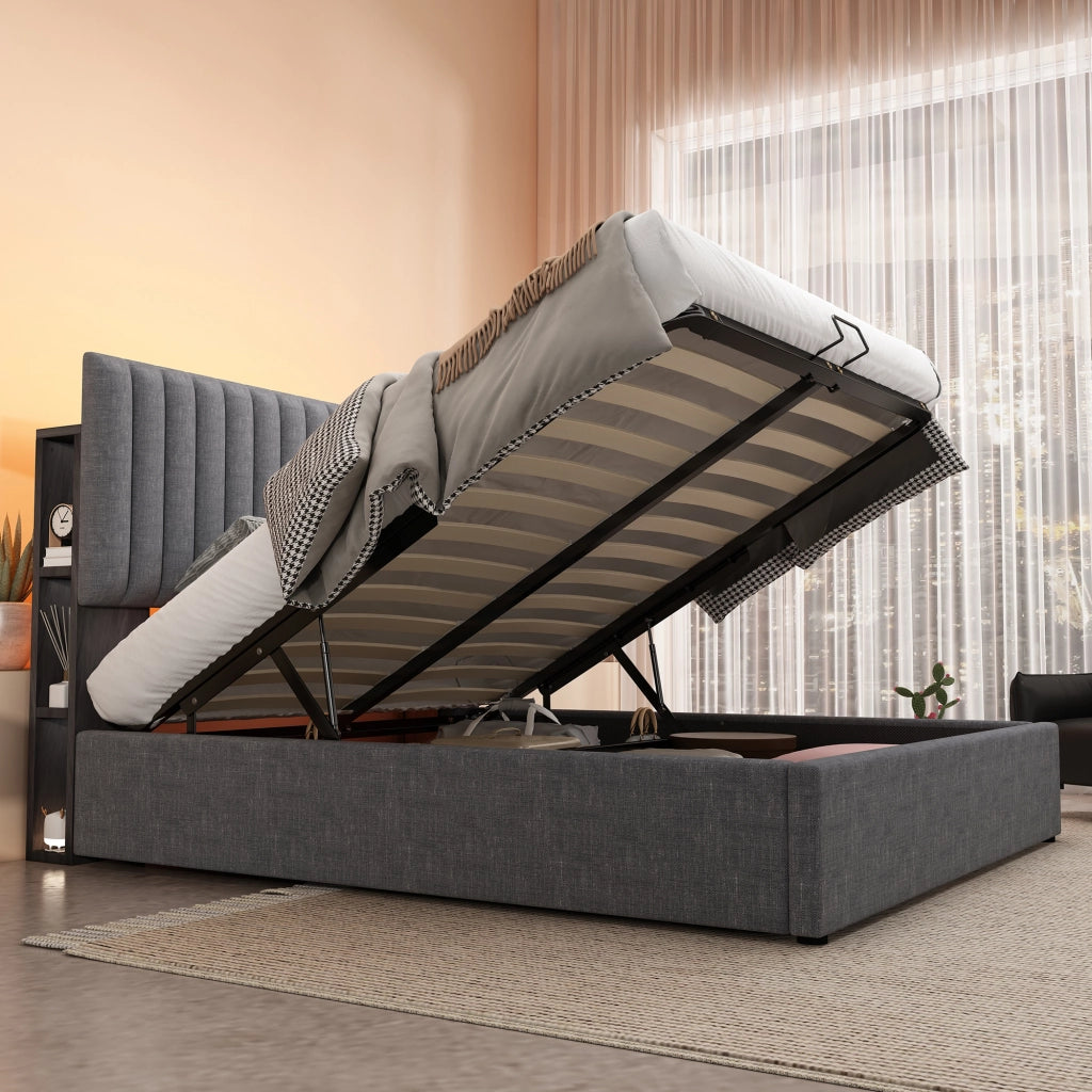 LETTO imbottito con materasso incluso, LED App-Control, USB Type-C, 160x200 cm, grigio