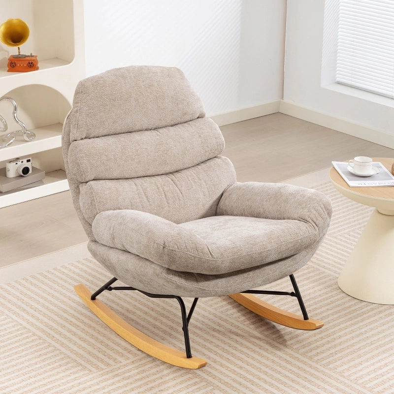 Poltrona a dondolo in poliestere con schienale imbottito e base in acciaio e legno crema bianco 80 × 103 × 91 cm