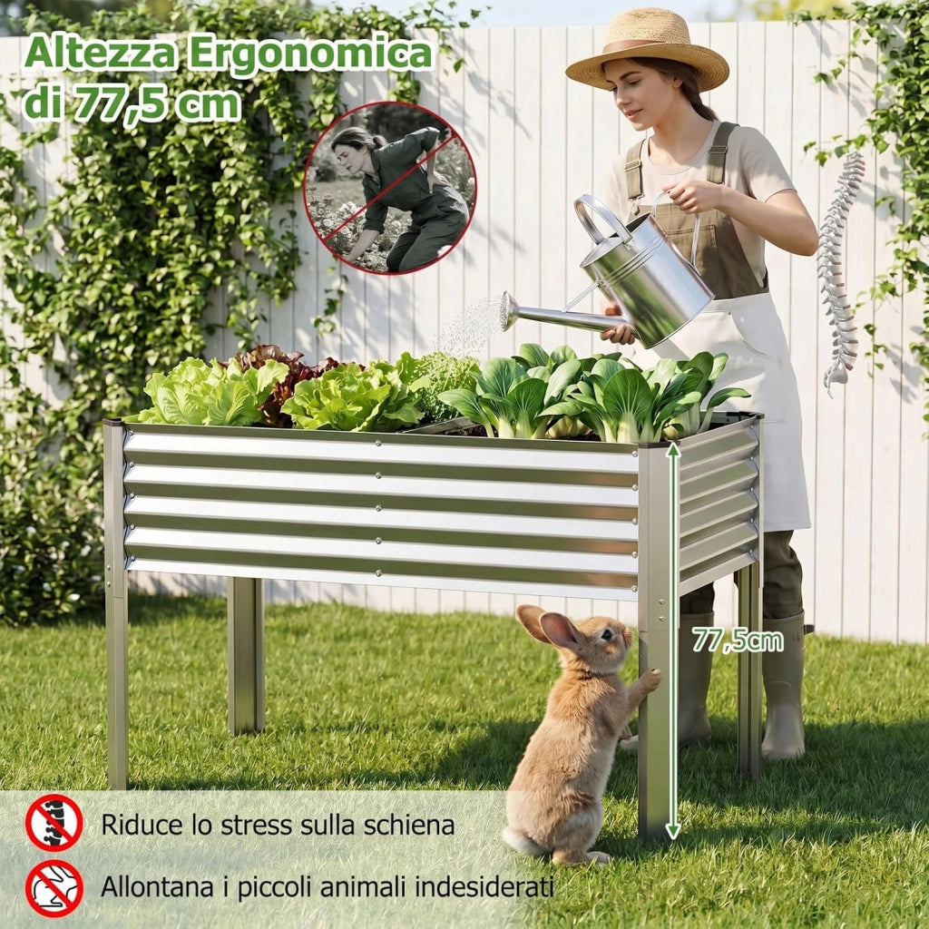 Fioriera Rialzata da Esterno, Orto Rialzato da Giardino in Metallo con Fori di Drenaggio, Altezza Ergonomica e Guanti, Letto Elevato da Giardino Rettangolare per Piante e Fiori, (Argento)