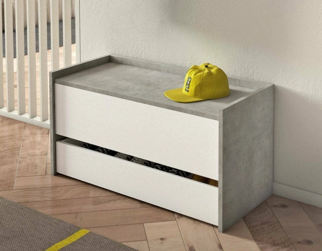 Cassapanca Sogno, Mobile da ingresso moderno con scarpiera, Cassapanca baule con due contenitori, Made in Italy, Cm 90x40h46, Bianco e Cemento