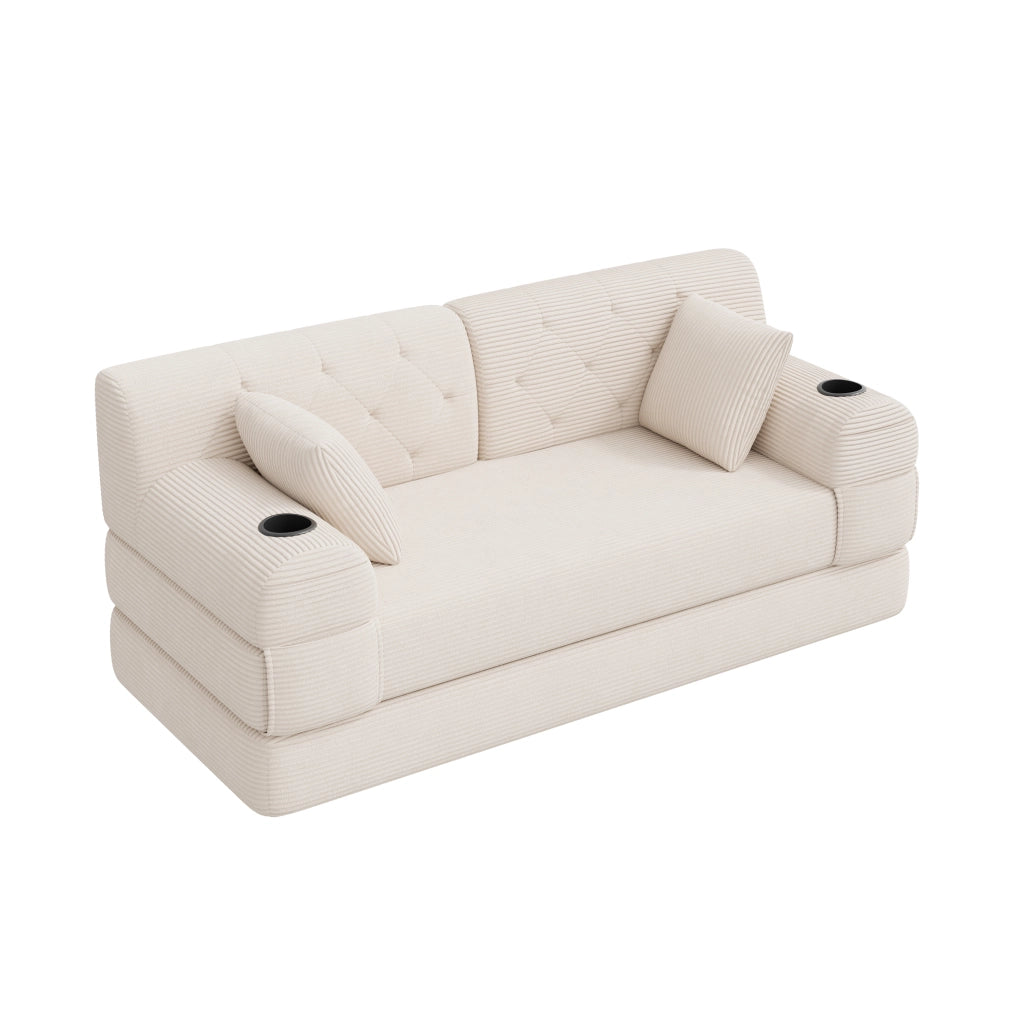 Divano letto 2 posti corduroy beige con schienale alto, tasche e porta bicchieri