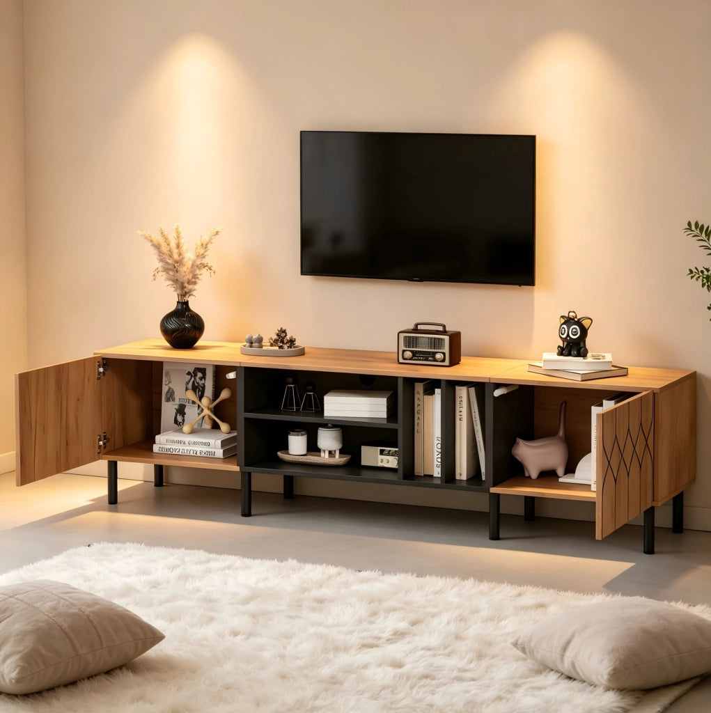 Mobile TV 180x40x50 cm con 2 ante push-to-open e 4 vani, naturale e nero