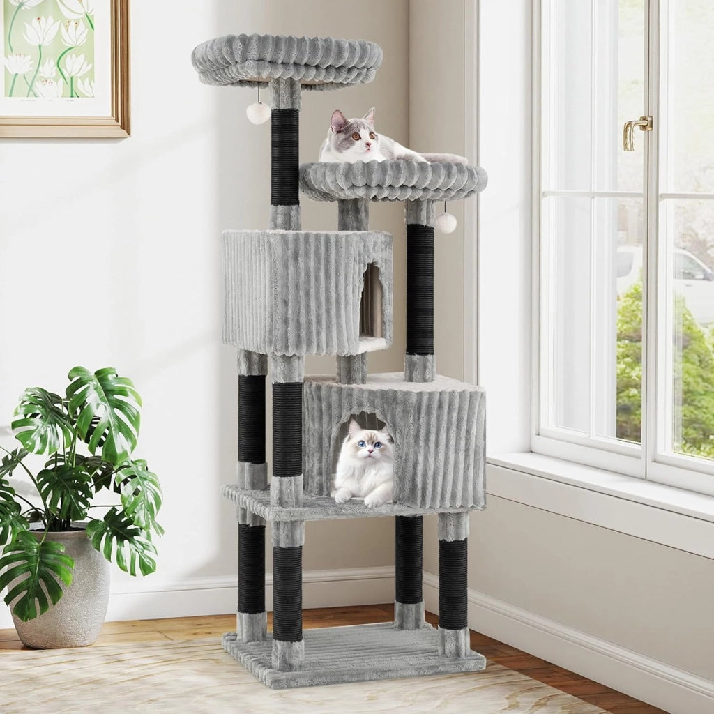 Albero per Gatti Alto 156 cm, Tiragraffi per Gatti con 2 Condo, 2 Letti a Ponte, Pali per Graffi, Palline Sonore Pendenti e Rivestimento Morbido in Flanella, Mobile per Gattini