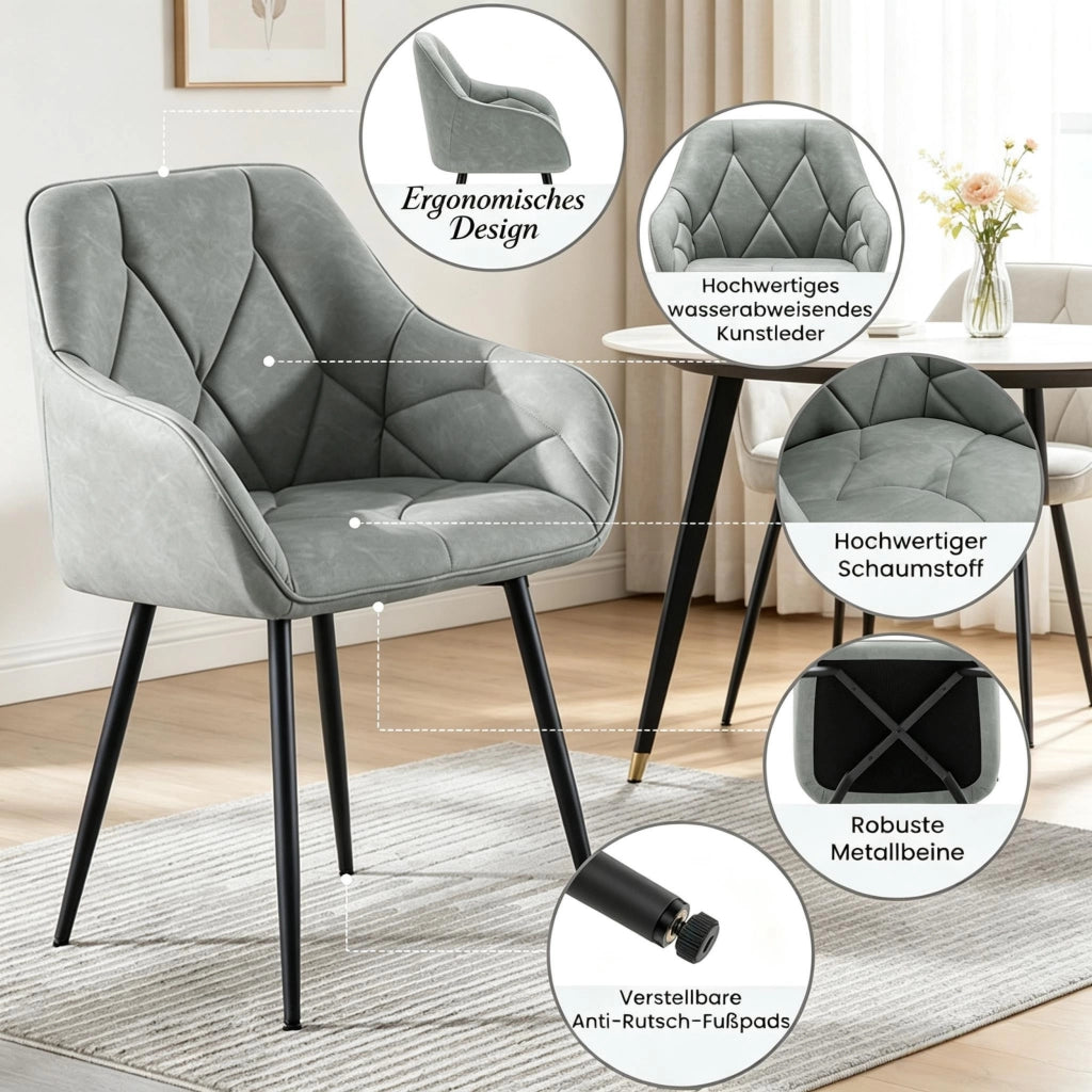 SEDIA Imbottita Ergonomica 45,5x45x83,5 cm Pelle Vintage Grigio Set da 2 pezzi