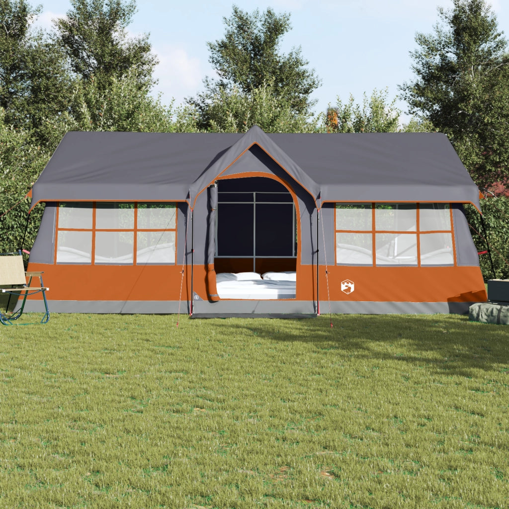 Tenda da campeggio impermeabile per 12 persone con finestre grigia e arancione.