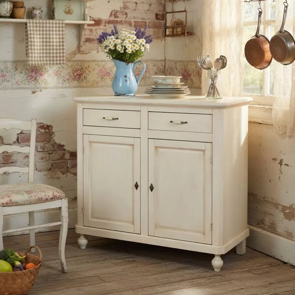 Credenza 2 porte 2 cassetti legno shabby bianco anticato maniglia porcellana 105x45x98 - Mobili 2G