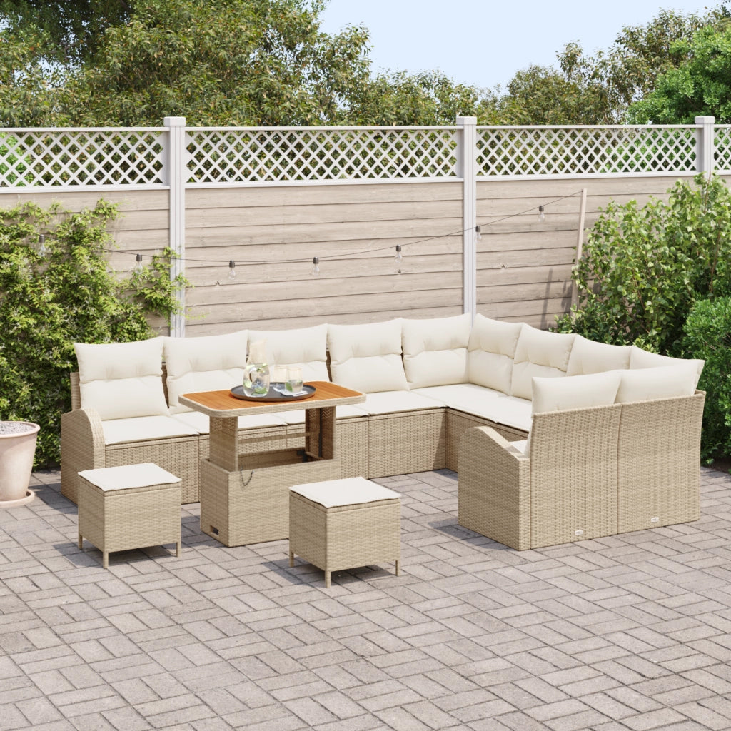 Set Divano da Giardino da 12 Pezzi con Cuscini Beige Polirattan Acacia