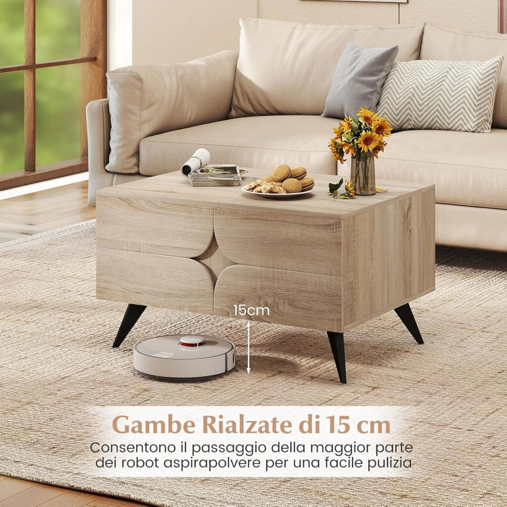 Tavolino da Salotto Moderno con Contenitore, Tavolino da Caffè con Scomparto Posteriore Aperto, 3 Ante e 4 Gambe Rialzate, Tavolo Centrale in Legno per Soggiorno, Studio e Ufficio