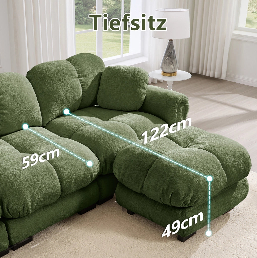 Divano modulare angolare a 2 posti in Chenille verde con ottomana mobile, design a trapunta e cuscini spessi