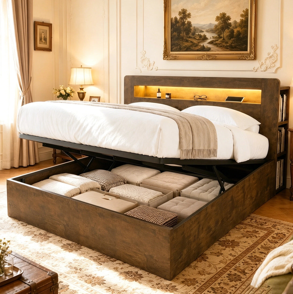Letto matrimoniale contenitore con sollevamento idraulico; LED e prese integrate; 180x200 cm; legno vintage