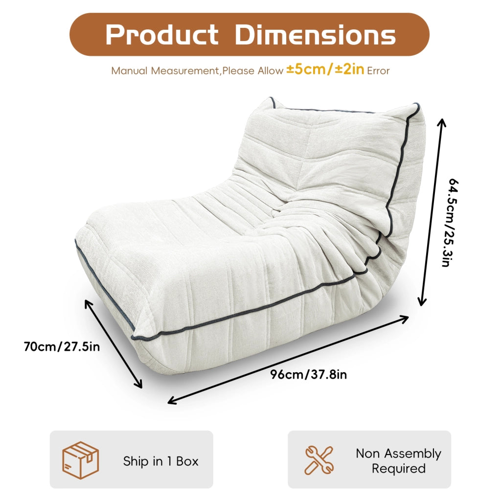 Fauteuil pouf a forma di bruco con design ergonomico e imbottitura resiliente in flanella bianca per salotto e camera