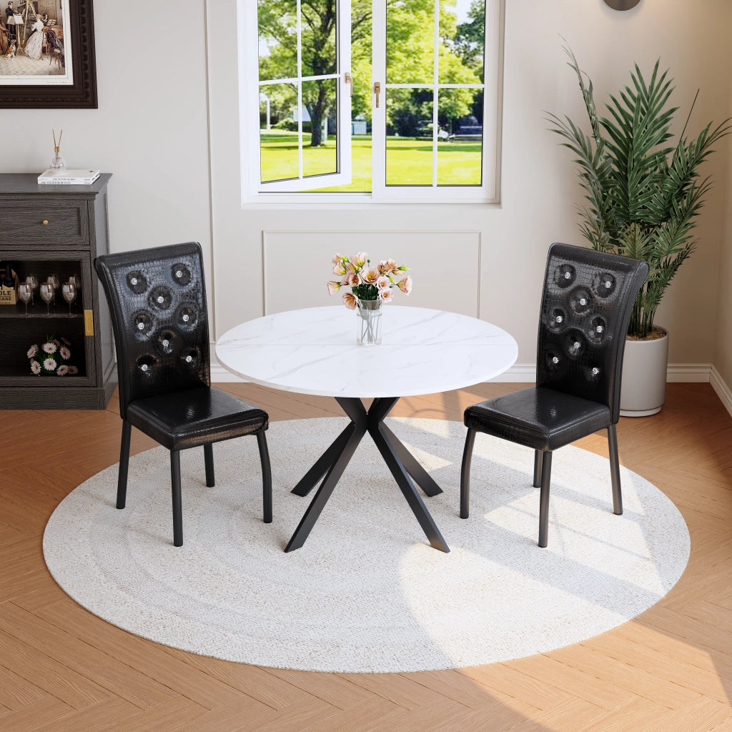 Set tavolo da pranzo e sedie con 1 tavolo rotondo e 4 sedie per cucina, MDF e metallo, bianco e nero