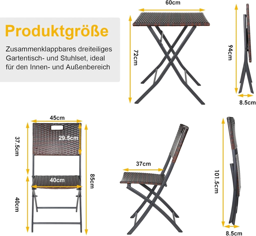 Set di Mobili da Balcone Pieghevole da 3 Pezzi, Mobili da Bistrot, Set Giardino in Rattan, 1 Tavolo e 2 Sedie, Sedia Pieghevole per Balcone, Giardino e Terrazza, Marrone