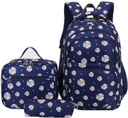 Set di borse per la scuola con fiori - Borsa 30x16x43 cm - Tasca per la merenda 25x11x21 cm - Custodia 20x6x6 cm - Impermeabile - Nylon leggero - Borsa per la scuola