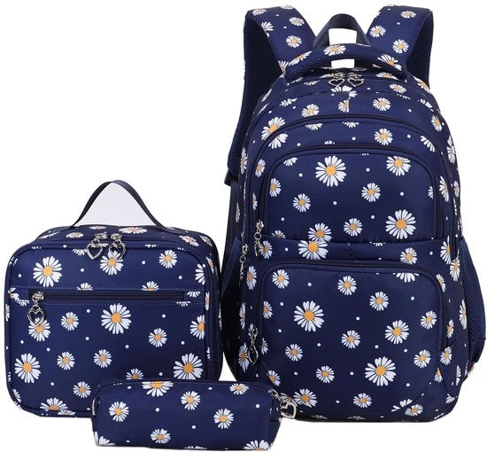 Set di borse per la scuola con fiori - Borsa 30x16x43 cm - Tasca per la merenda 25x11x21 cm - Custodia 20x6x6 cm - Impermeabile - Nylon leggero - Borsa per la scuola