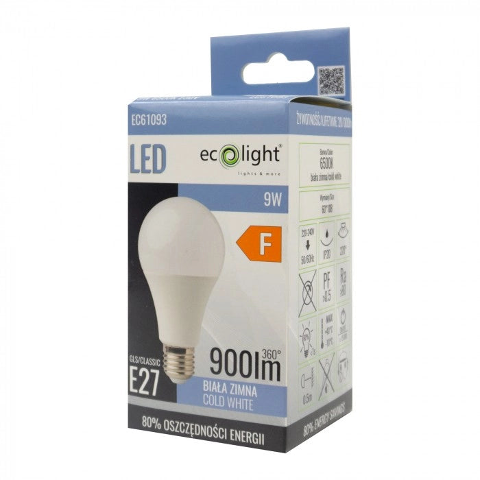 Lampadina LED sferica E27 9W 900lm 6500K anti-sfarfallio Ecolight