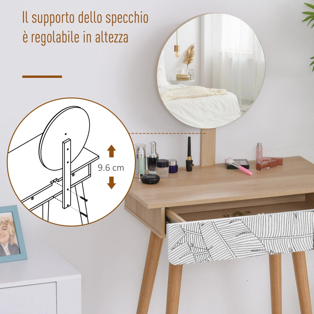 EasyComfort Postazione Trucco con Specchio Circolare Ф39cm, Toeletta Trucco con Cassetto con Decorazione Jungle, 70x39x119-128cm, Bianco e Rovere